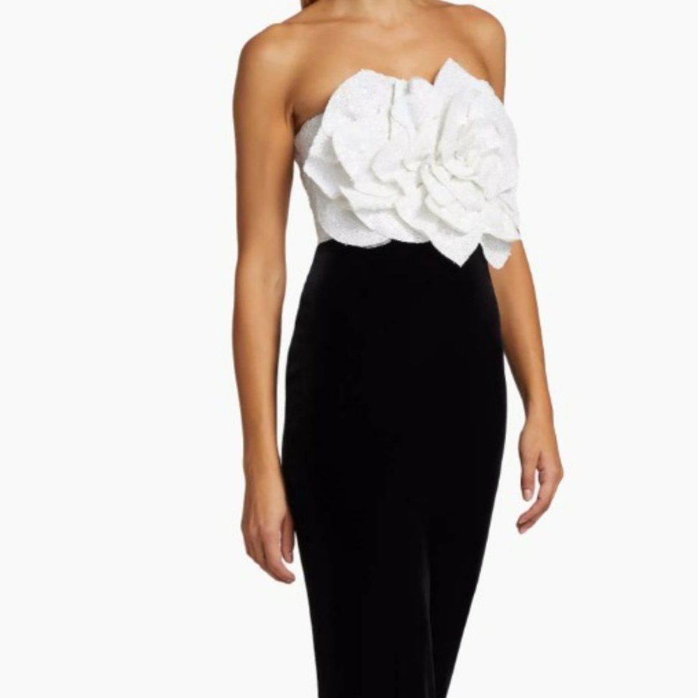 Size 16 Badgley Mischka Rose Bodice Formal Strapless Dress Black/White S…